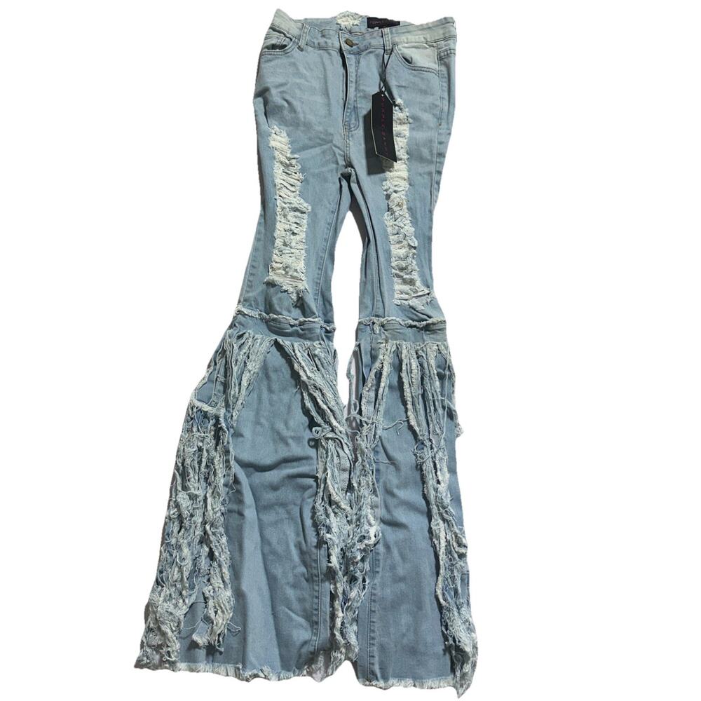 Purple Candy Bell Bottom Flare Jeans M Stretch Denim Distressed Tattered Raw Hem